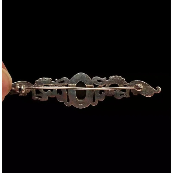 VTG Onyx & Marcasite Sterling Silver mourning Collar Brooch Pin 925 silver - Picture 7 of 9